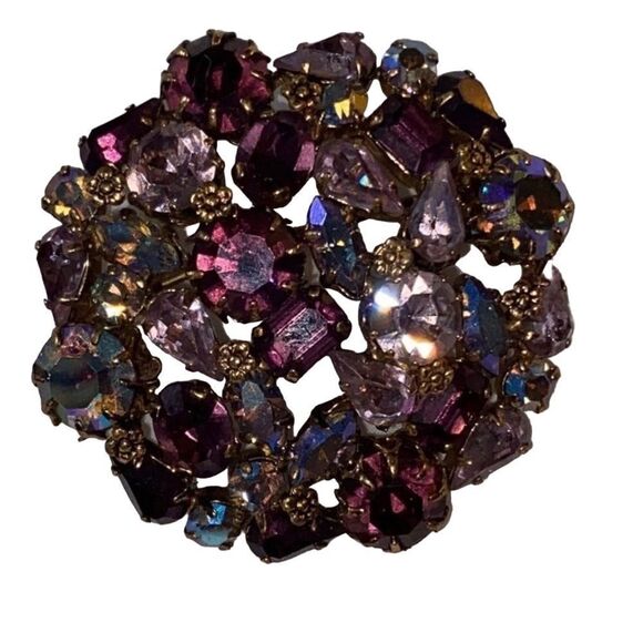 Vintage Round Pink Purple & AB Austrian Crystals Stones Austrian Brooch Pin - Picture 1 of 5